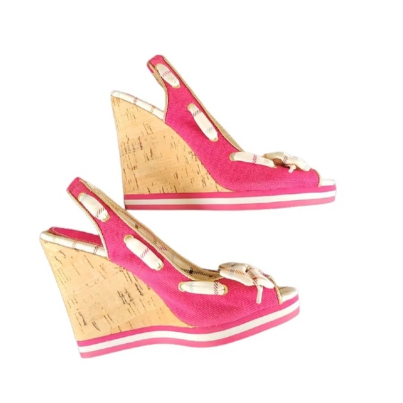Coach Twirling Peep Toe Cork Wedge Sandals in Hot Pink and Plaid - Picture 2 of 7